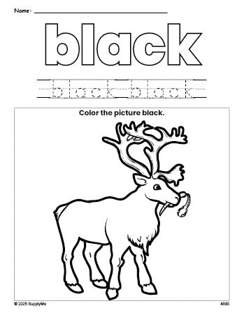 Free Christmas reindeer color black coloring page and color worksheet, black worksheet for preschoolers to learn colors, printable PDF