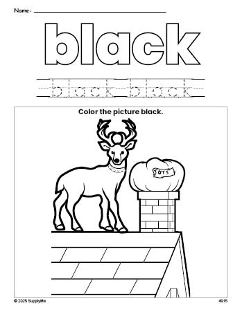 Free Christmas reindeer color black coloring page and color worksheet, black worksheet for preschoolers to learn colors, printable PDF