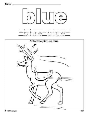 Free Christmas reindeer color blue coloring page and color worksheet, blue worksheet for preschoolers to learn colors, printable PDF