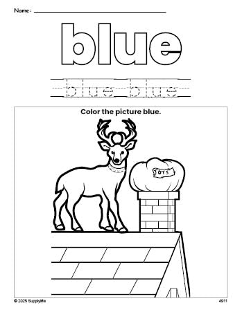 Free Christmas reindeer color blue coloring page and color worksheet, blue worksheet for preschoolers to learn colors, printable PDF