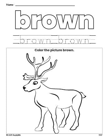 Free Christmas reindeer color brown coloring page and color worksheet, brown worksheet for preschoolers to learn colors, printable PDF