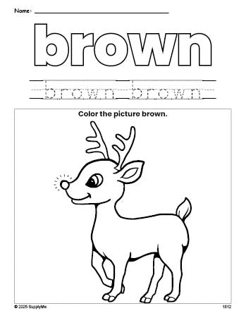 Free Christmas reindeer color brown coloring page and color worksheet, brown worksheet for preschoolers to learn colors, printable PDF