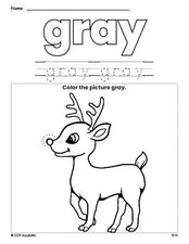 Free Christmas reindeer color gray coloring page and color worksheet, gray worksheet for preschoolers to learn colors, printable PDF