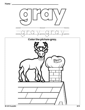 Free Christmas reindeer color gray coloring page and color worksheet, gray worksheet for preschoolers to learn colors, printable PDF