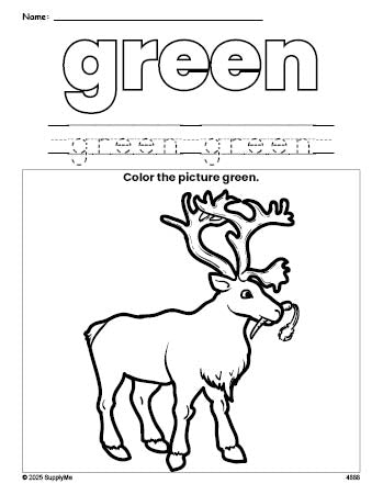 Free Christmas reindeer color green coloring page and color worksheet, green worksheet for preschoolers to learn colors, printable PDF