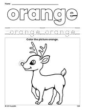 Free Christmas reindeer color orange coloring page and color worksheet, orange worksheet for preschoolers to learn colors, printable PDF