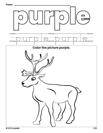 Free Christmas reindeer color purple coloring page and color worksheet, purple worksheet for preschoolers to learn colors, printable PDF