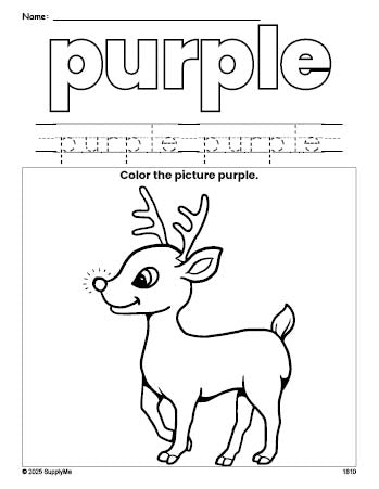 Free Christmas reindeer color purple coloring page and color worksheet, purple worksheet for preschoolers to learn colors, printable PDF