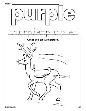 Free Christmas reindeer color purple coloring page and color worksheet, purple worksheet for preschoolers to learn colors, printable PDF