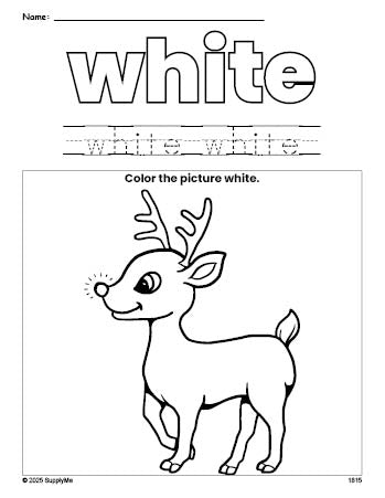 Free Christmas reindeer color white coloring page and color worksheet, white worksheet for preschoolers to learn colors, printable PDF