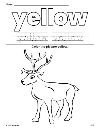 Free Christmas reindeer color yellow coloring page and color worksheet, yellow worksheet for preschoolers to learn colors, printable PDF
