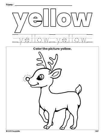 Free Christmas reindeer color yellow coloring page and color worksheet, yellow worksheet for preschoolers to learn colors, printable PDF