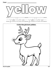Free Christmas reindeer color yellow coloring page and color worksheet, yellow worksheet for preschoolers to learn colors, printable PDF