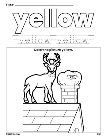 Free Christmas reindeer color yellow coloring page and color worksheet, yellow worksheet for preschoolers to learn colors, printable PDF