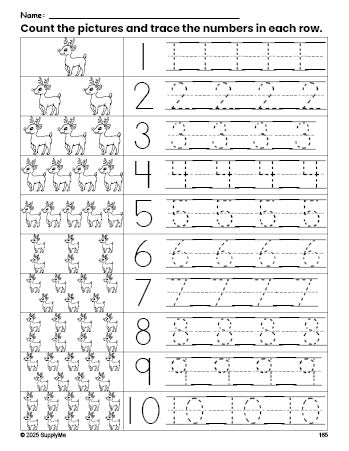 Free printable Christmas reindeer counting worksheet for preschool and pre-k with number tracing practice 1-10, PDF