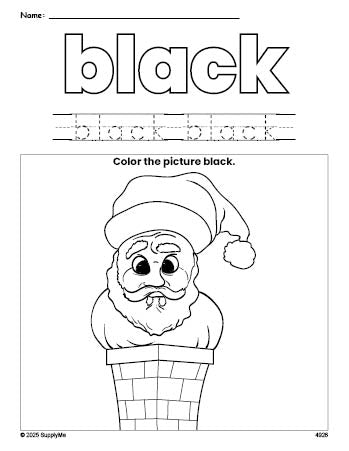 Free Christmas Santa color black coloring page and color worksheet, black worksheet for preschoolers to learn colors, printable PDF