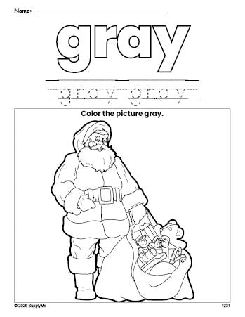 Free Christmas Santa color gray coloring page and color worksheet, gray worksheet for preschoolers to learn colors, printable PDF
