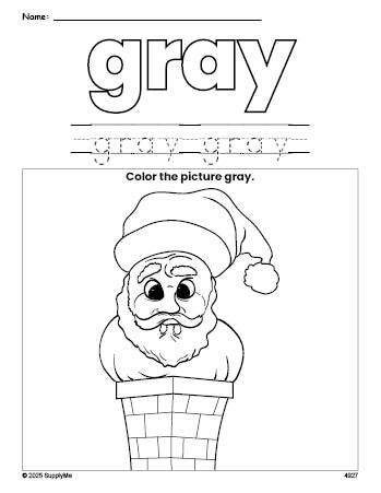 Free Christmas Santa color gray coloring page and color worksheet, gray worksheet for preschoolers to learn colors, printable PDF