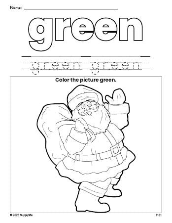 Free Christmas Santa color green coloring page and color worksheet, green worksheet for preschoolers to learn colors, printable PDF