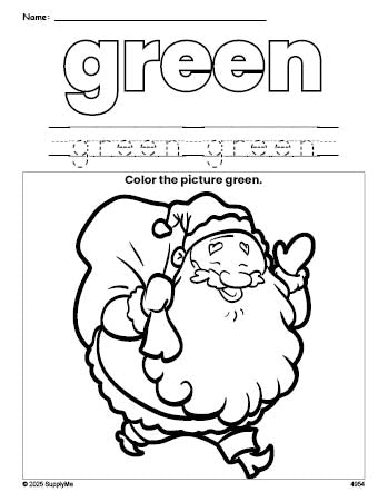Free Christmas Santa color green coloring page and color worksheet, green worksheet for preschoolers to learn colors, printable PDF