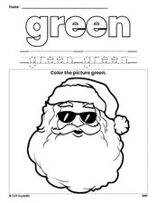 Free Christmas Santa color green coloring page and color worksheet, green worksheet for preschoolers to learn colors, printable PDF