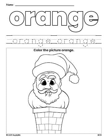 Free Christmas Santa color orange coloring page and color worksheet, orange worksheet for preschoolers to learn colors, printable PDF