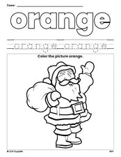 Free Christmas Santa color orange coloring page and color worksheet, orange worksheet for preschoolers to learn colors, printable PDF