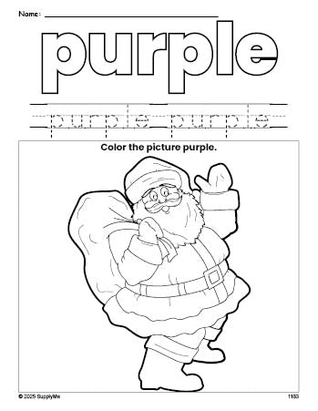 Free Christmas Santa color purple coloring page and color worksheet, purple worksheet for preschoolers to learn colors, printable PDF