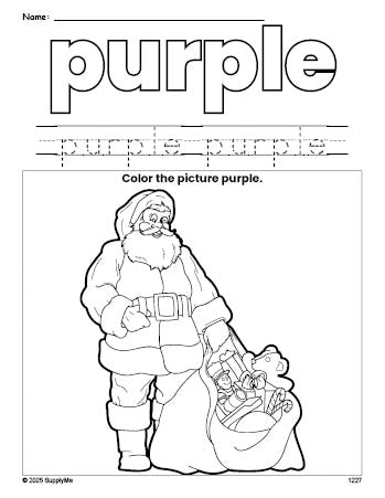Free Christmas Santa color purple coloring page and color worksheet, purple worksheet for preschoolers to learn colors, printable PDF