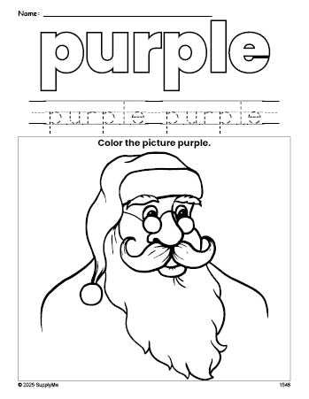 Free Christmas Santa color purple coloring page and color worksheet, purple worksheet for preschoolers to learn colors, printable PDF