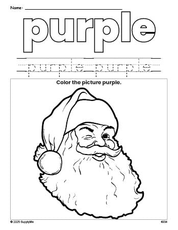 Free Christmas Santa color purple coloring page and color worksheet, purple worksheet for preschoolers to learn colors, printable PDF