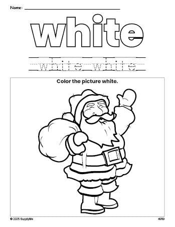 Free Christmas Santa color white coloring page and color worksheet, white worksheet for preschoolers to learn colors, printable PDF