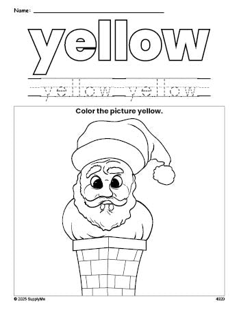 Free Christmas Santa color yellow coloring page and color worksheet, yellow worksheet for preschoolers to learn colors, printable PDF