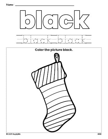 Free Christmas stocking color black coloring page and color worksheet, black worksheet for preschoolers to learn colors, printable PDF