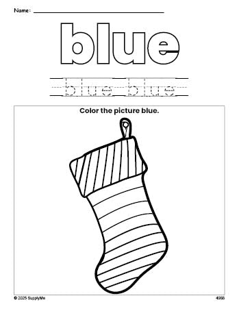 Free Christmas stocking color blue coloring page and color worksheet, blue worksheet for preschoolers to learn colors, printable PDF