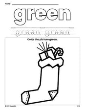 Free Christmas stocking color green coloring page and color worksheet, green worksheet for preschoolers to learn colors, printable PDF