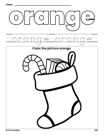 Free Christmas stocking color orange coloring page and color worksheet, orange worksheet for preschoolers to learn colors, printable PDF