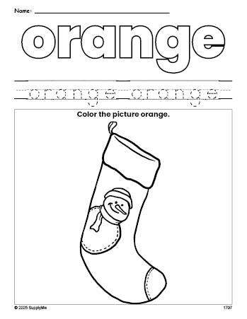 Free Christmas stocking color orange coloring page and color worksheet, orange worksheet for preschoolers to learn colors, printable PDF