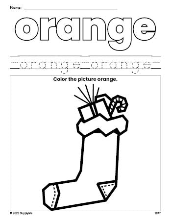 Free Christmas stocking color orange coloring page and color worksheet, orange worksheet for preschoolers to learn colors, printable PDF