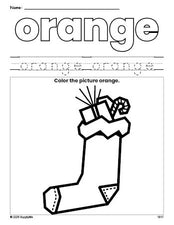 Free Christmas stocking color orange coloring page and color worksheet, orange worksheet for preschoolers to learn colors, printable PDF