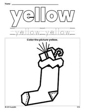 Free Christmas stocking color yellow coloring page and color worksheet, yellow worksheet for preschoolers to learn colors, printable PDF