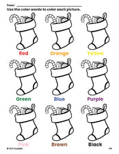 Free Christmas stocking coloring page and color worksheet for preschoolers to learn colors, printable PDF