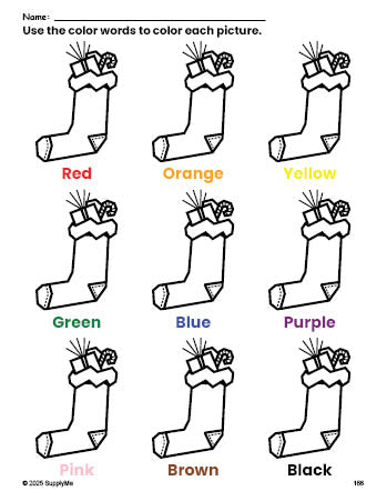 Free Christmas stocking coloring page and color worksheet for preschoolers to learn colors, printable PDF