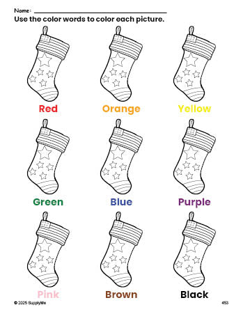 Free Christmas stocking coloring page and color worksheet for preschoolers to learn colors, printable PDF