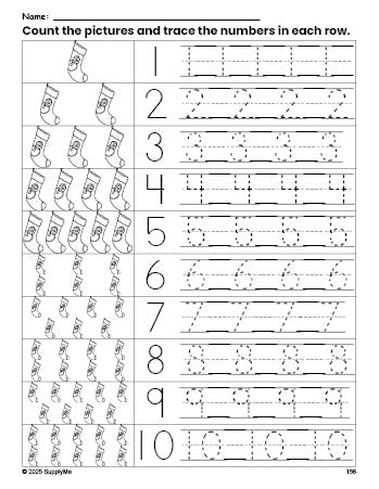 Free printable Christmas stocking counting worksheet for preschool and pre-k with number tracing practice 1-10, PDF