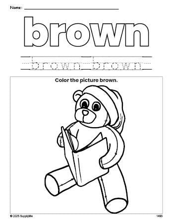 Free Christmas teddy bear color brown coloring page and color worksheet, brown worksheet for preschoolers to learn colors, printable PDF