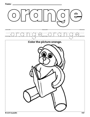 Free Christmas teddy bear color orange coloring page and color worksheet, orange worksheet for preschoolers to learn colors, printable PDF