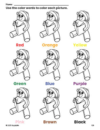 Free Christmas teddy bear coloring page and color worksheet for preschoolers to learn colors, printable PDF