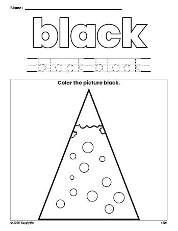 Free Christmas tree color black coloring page and color worksheet, black worksheet for preschoolers to learn colors, printable PDF