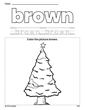 Free Christmas tree color brown coloring page and color worksheet, brown worksheet for preschoolers to learn colors, printable PDF